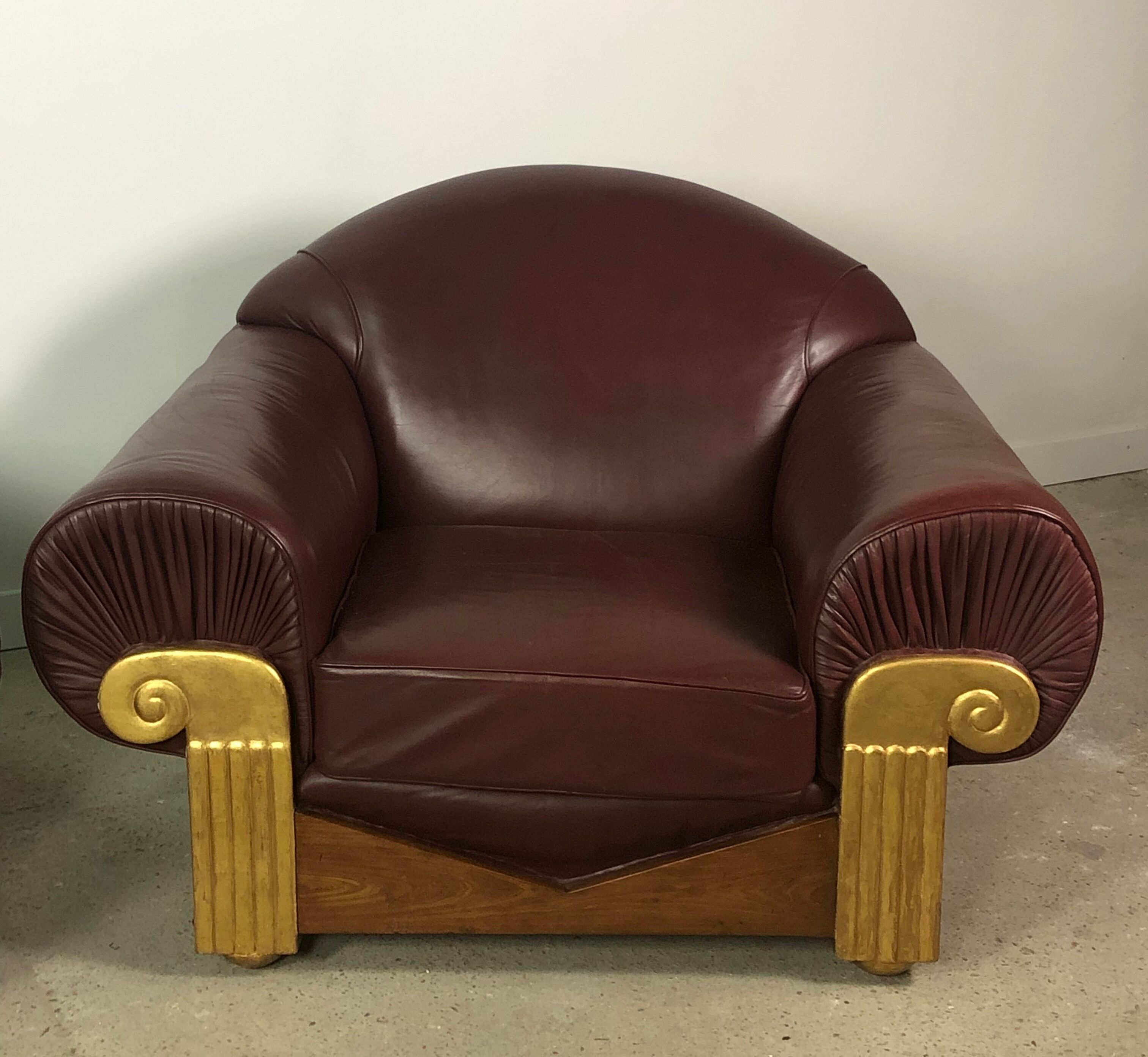 Armchairs (the pair) art deco style in wood and burgundy leather 1940