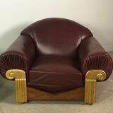 Armchairs (the pair) art deco style in wood and burgundy leather 1940