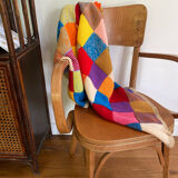 Plaid couverture en laine ancienne crochet multicolore granny square