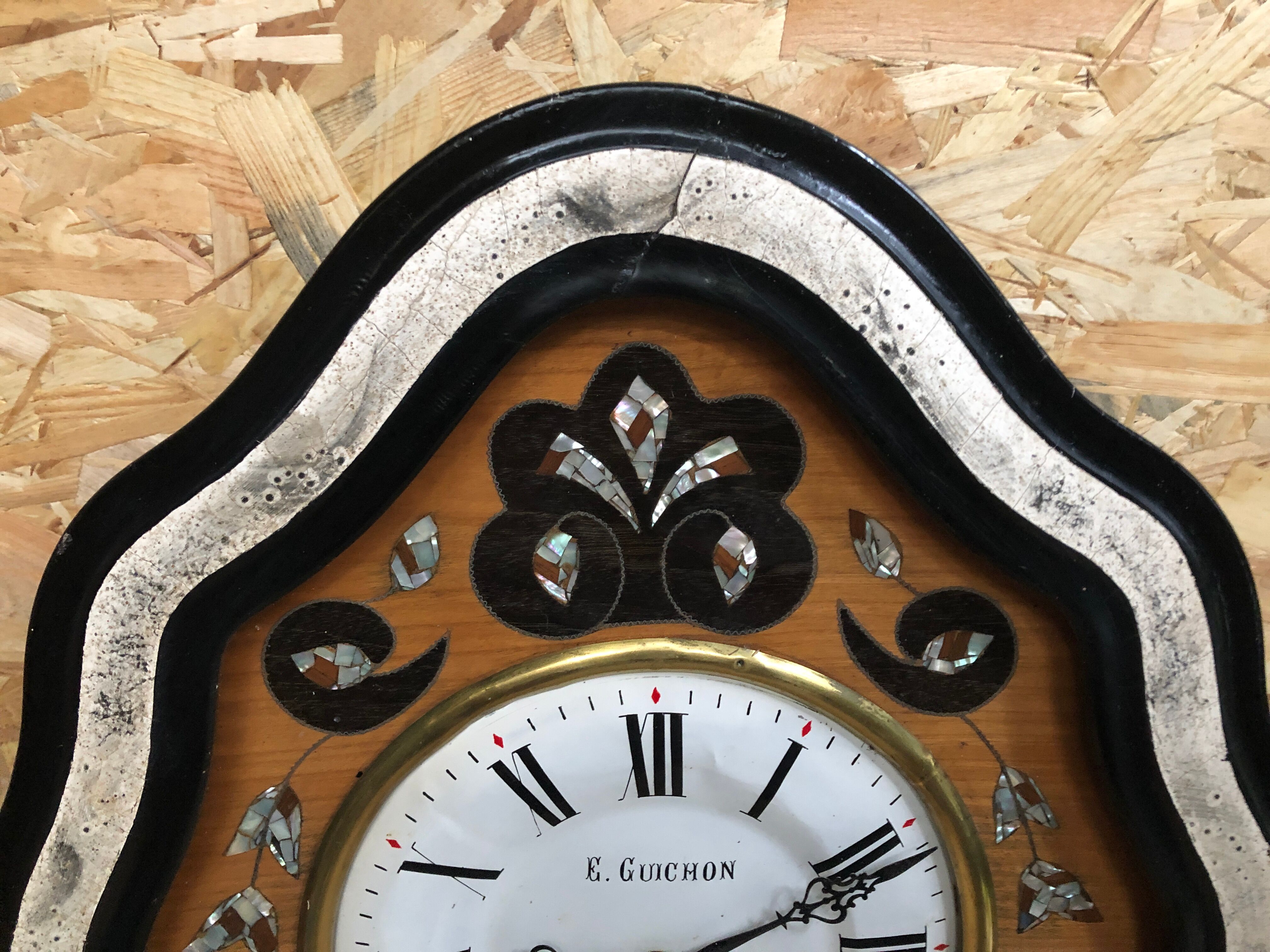 Clock pendulum ox eye wood decoration mother-of-pearl dial enamelled vintage