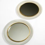 Pair of Mid Century wall mirrors with brass rim and white metal frames