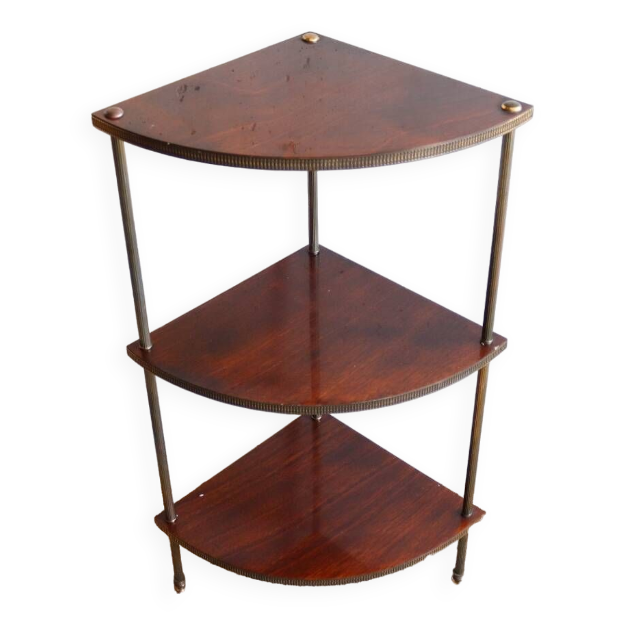 Étagère d'angle sur pied en bois et laiton  vintage