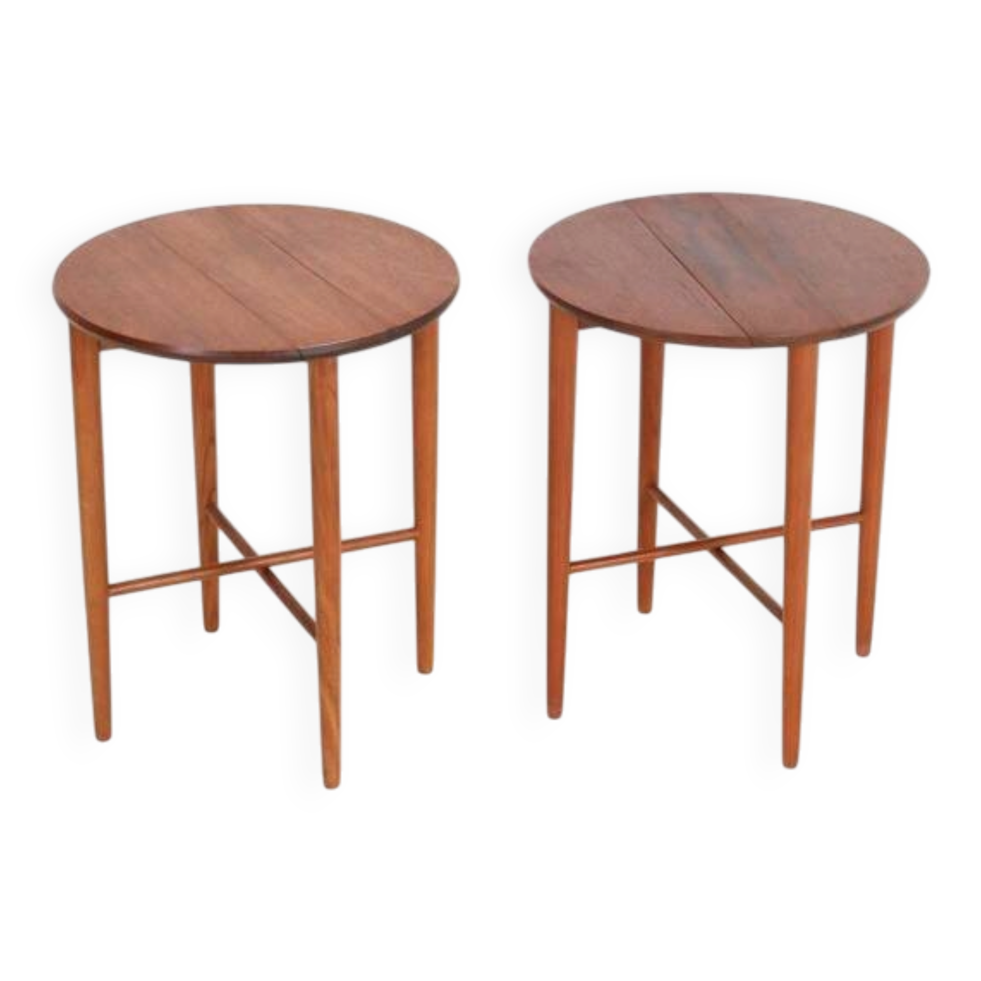 Set of 2 round mid-century teak side tables by Carlo Jensen for Poul Hundevad, 1960s, Danish modern design, foldable