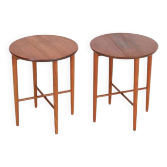 Set of 2 round mid-century teak side tables by Carlo Jensen for Poul Hundevad, 1960s, Danish modern design, foldable