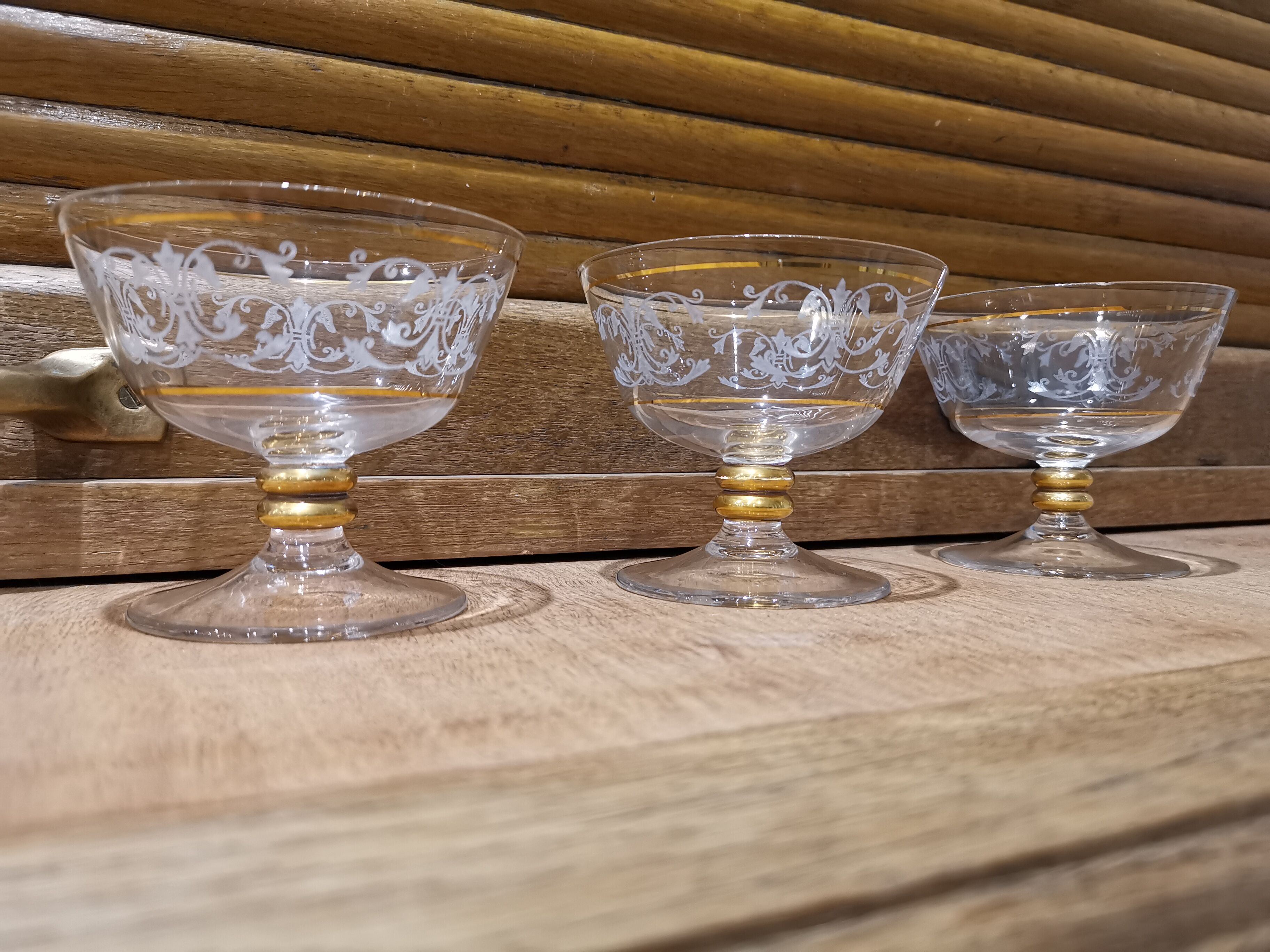 3 champagne glasses in fine gold crystal glass engraved
