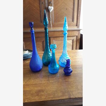 lot old blue glass decanters