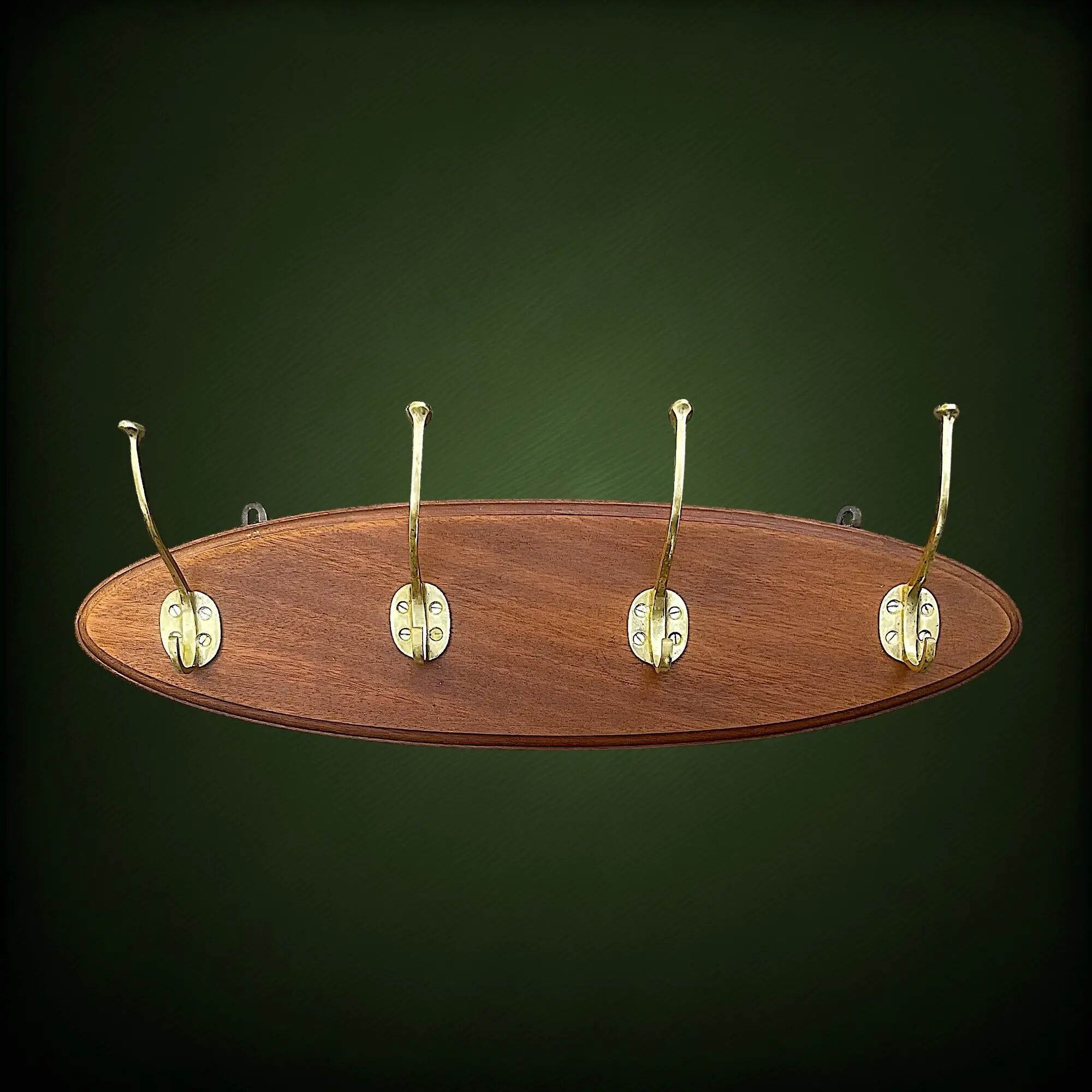 Vintage wooden wall coat rack with 4 double brass hooks – 1950s-60s