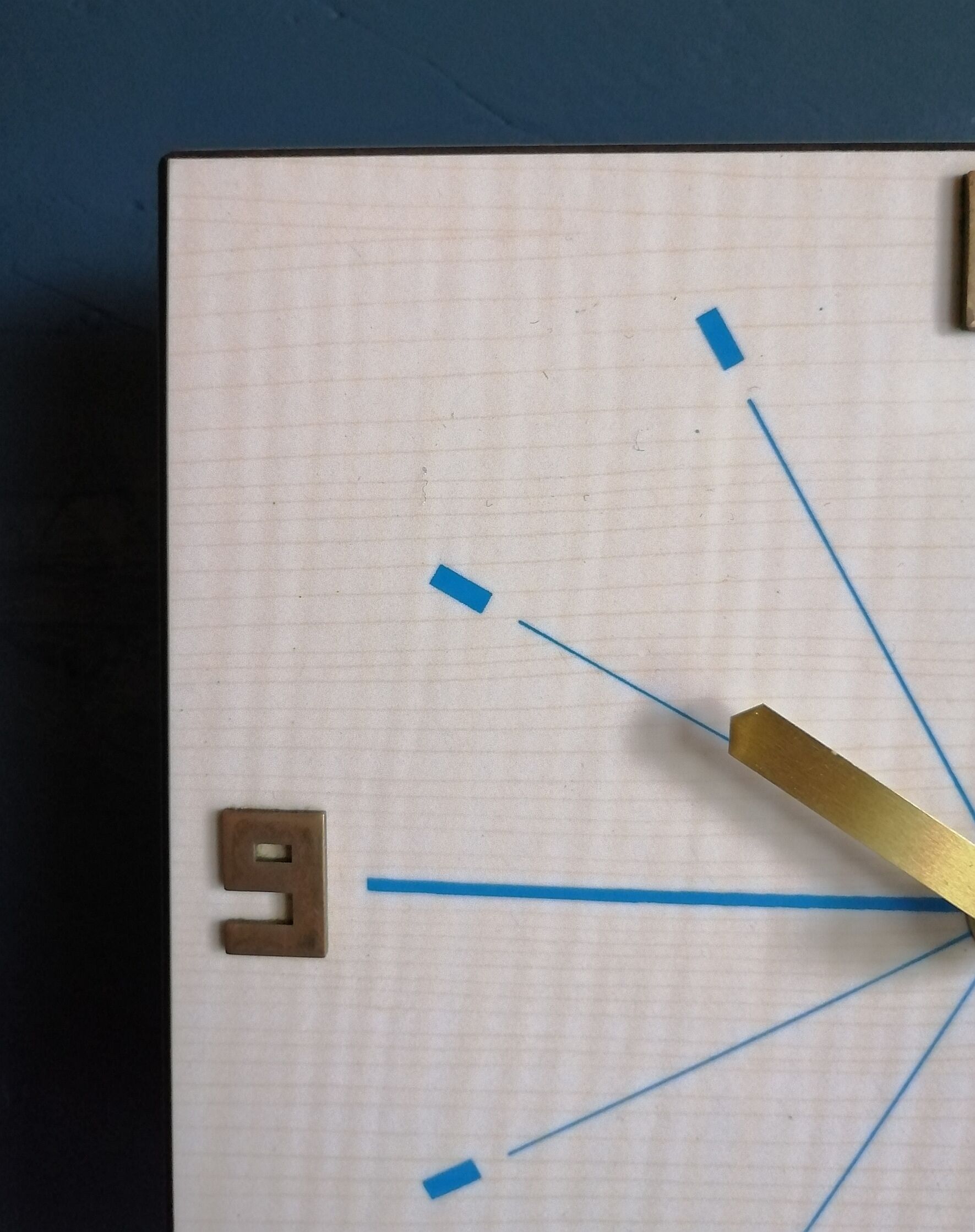 Vintage formica clock silent rectangular wall clock "Blue wood flash"
