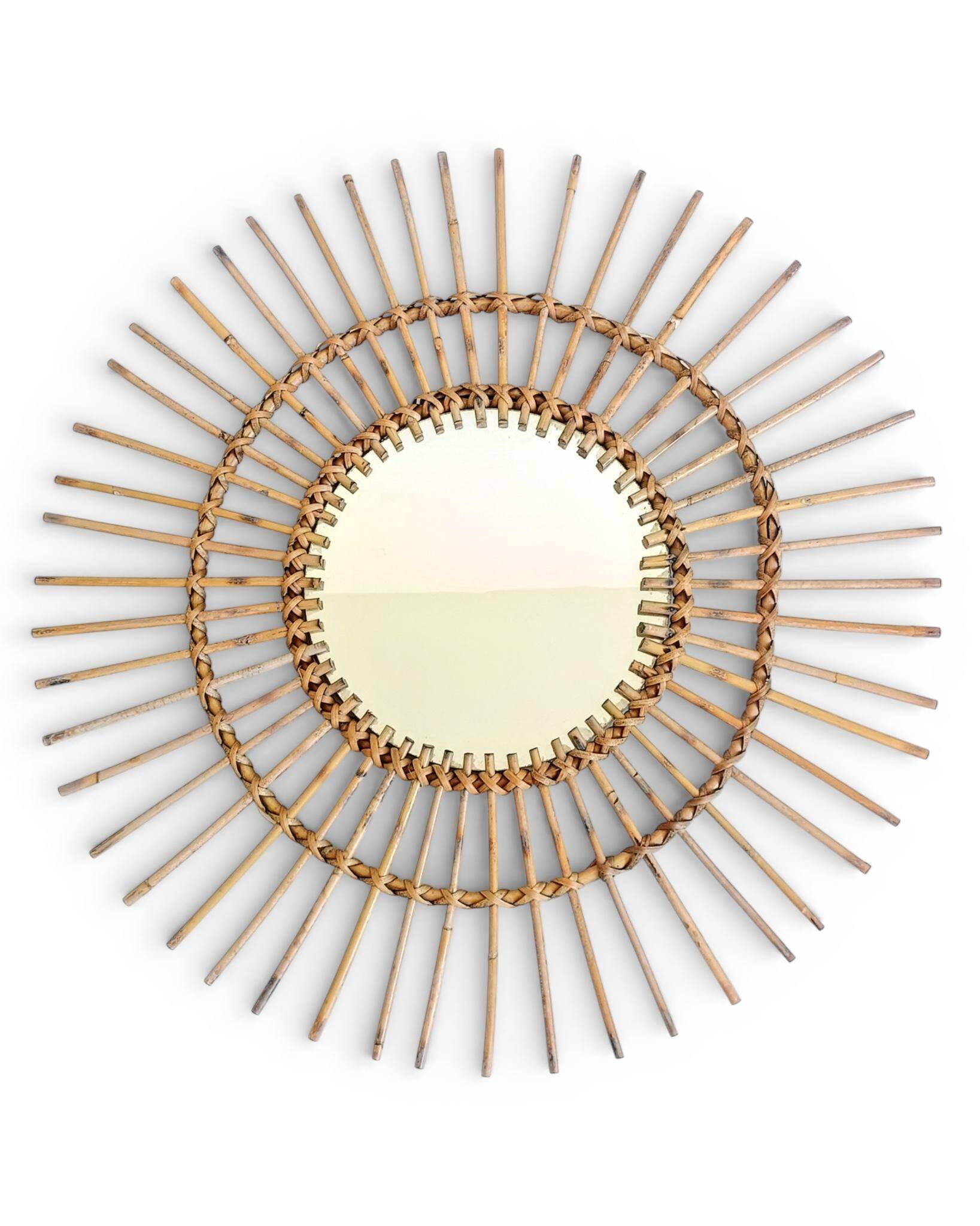 Mid Century Organic Modern Bamboo & Rattan Sunburst Patinated Mirror, 1960s
