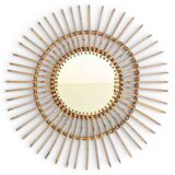 Mid Century Organic Modern Bamboo & Rattan Sunburst Patinated Mirror, 1960s