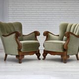 1960s, Danish armchair, green furniture velour, carved oak wood.