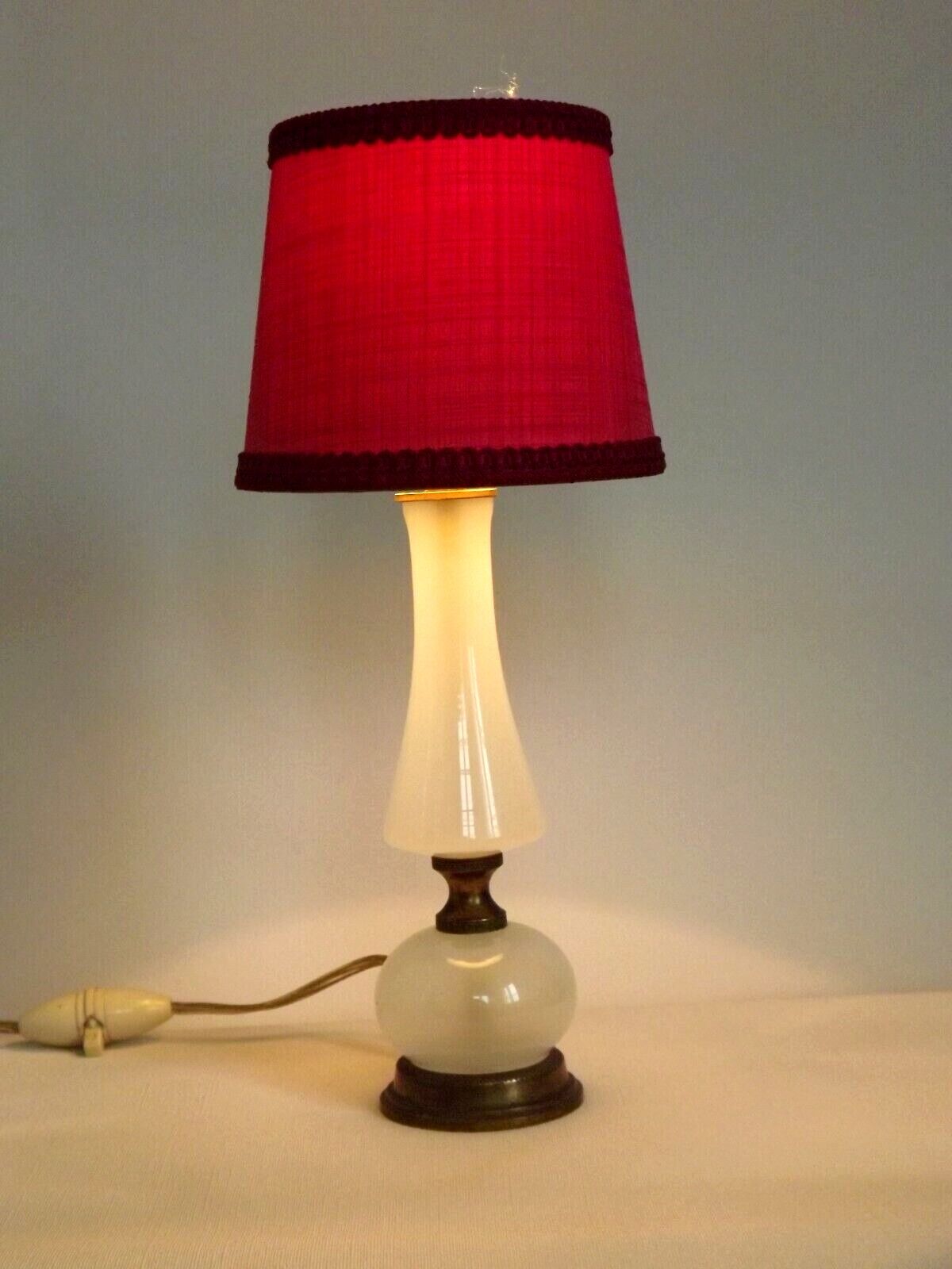 Brass & white glass table lamp red fabric shade