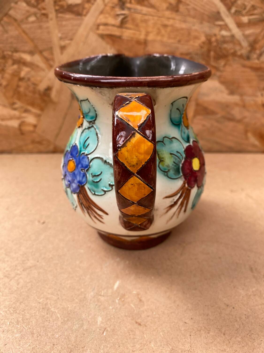 Antique cerart monaco ceramic pitcher chiseled flower decor 70's vintage