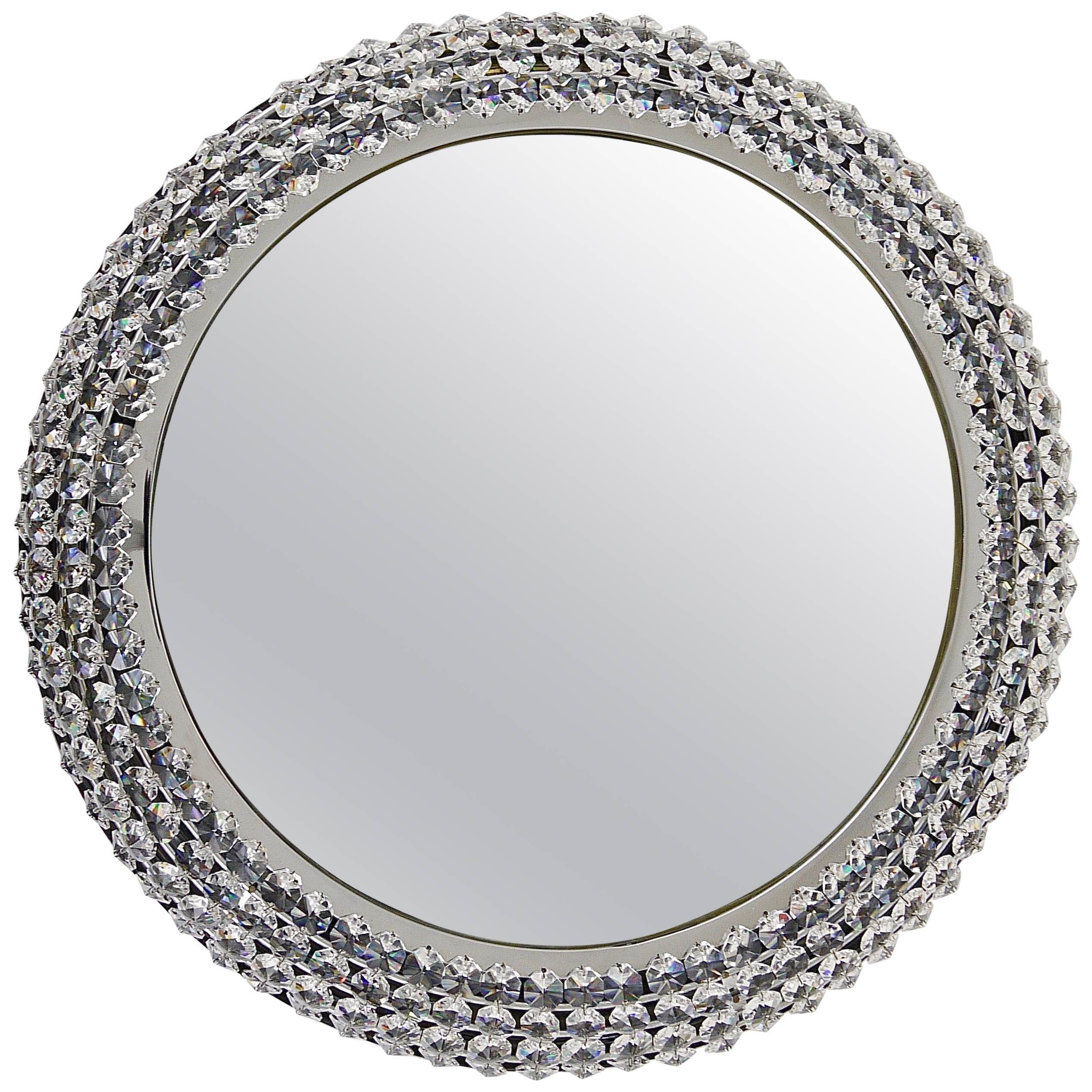 Round Wall Mirror in Bakalowits Style with Faceted Crystal & Chrome Lighting, 1960s