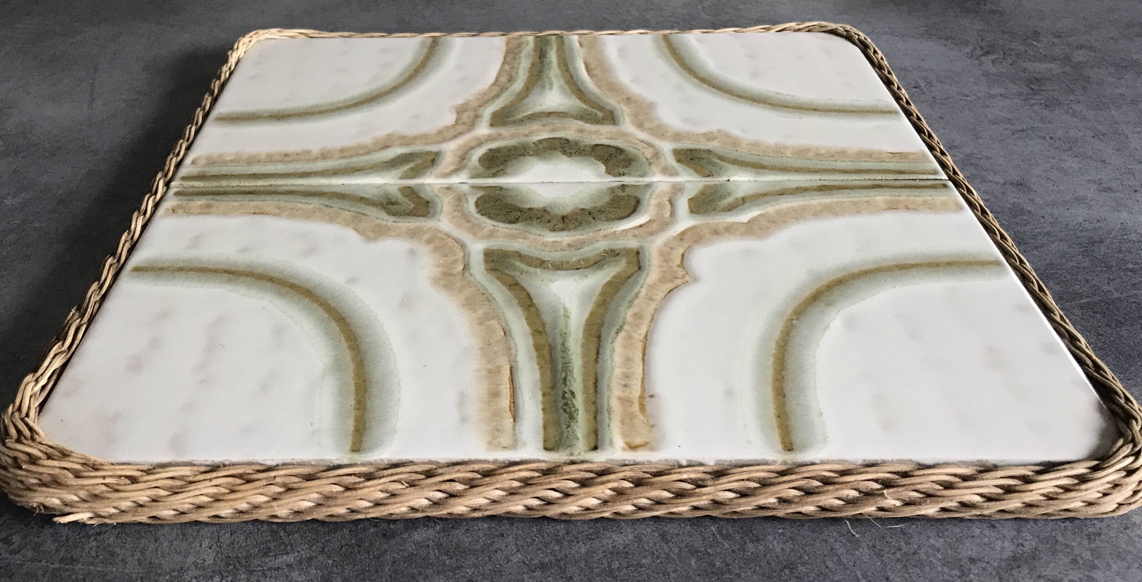 Ceramic tile trivet with vintage pattern woven wicker outline