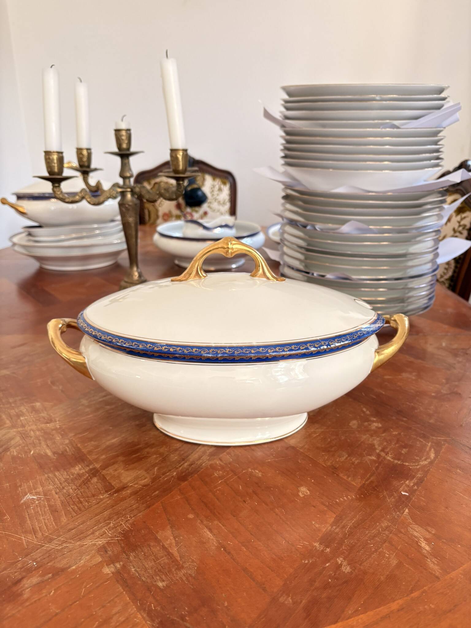 Large Soup Tureen Porcelain Limoges Blue Gold Betoule & Legrand France 1/2
