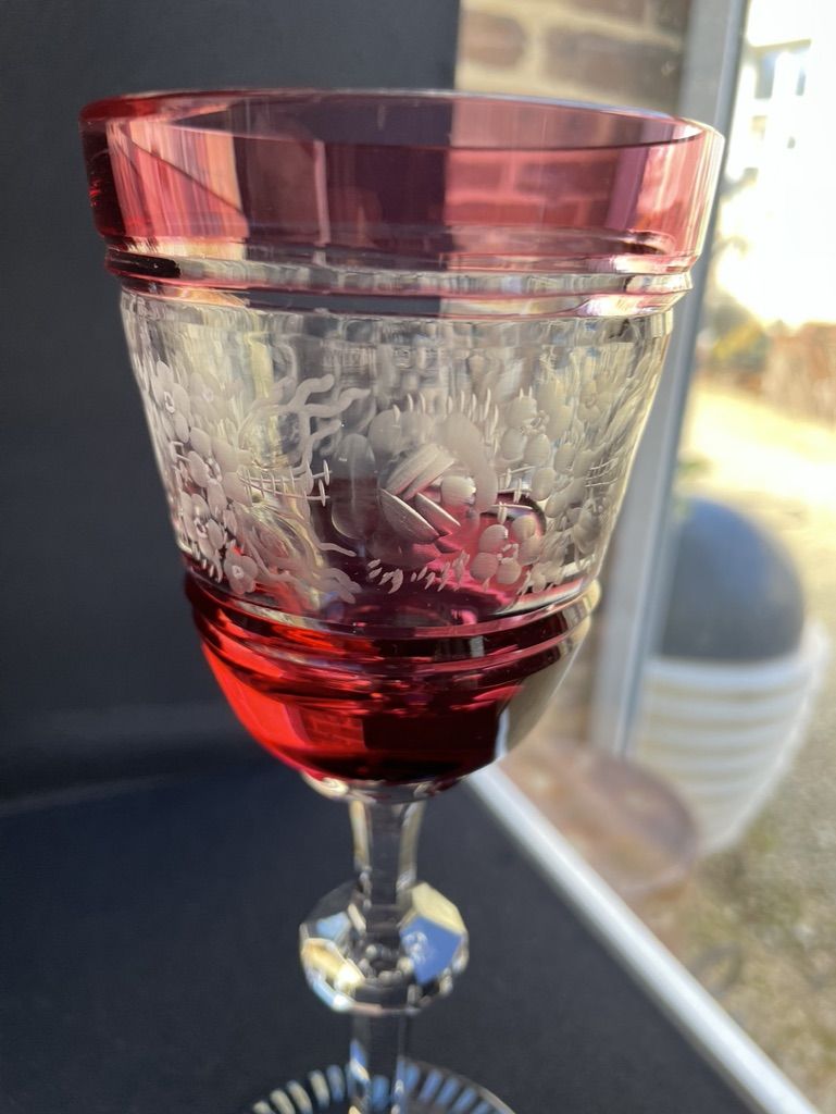 Josephinenhütte - red wine glasses (5) - Art Nouveau - Cut and engraved Crystal Roemer