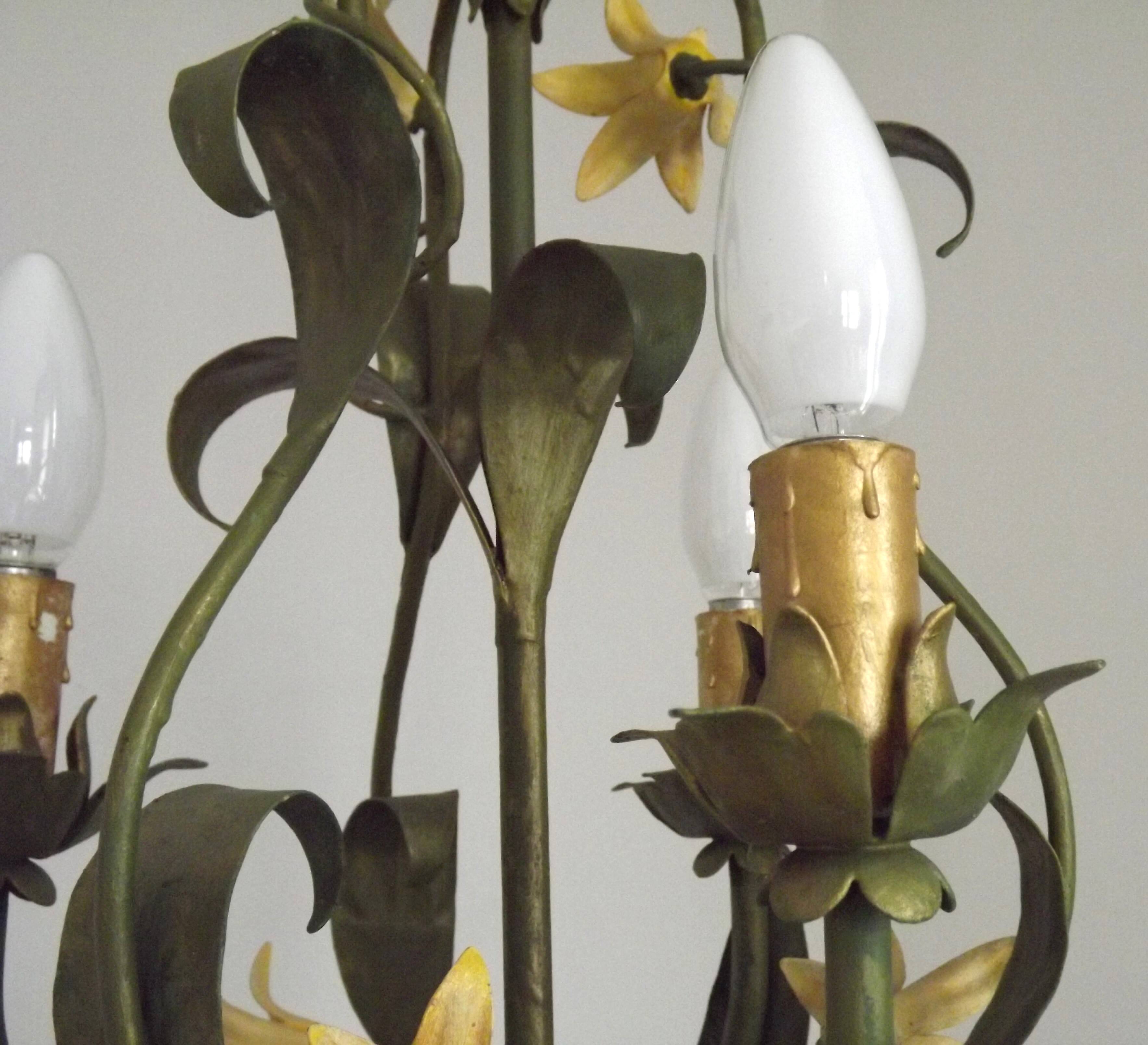 French Vintage 3 Light Cage Chandelier Hand Painted Floral Design