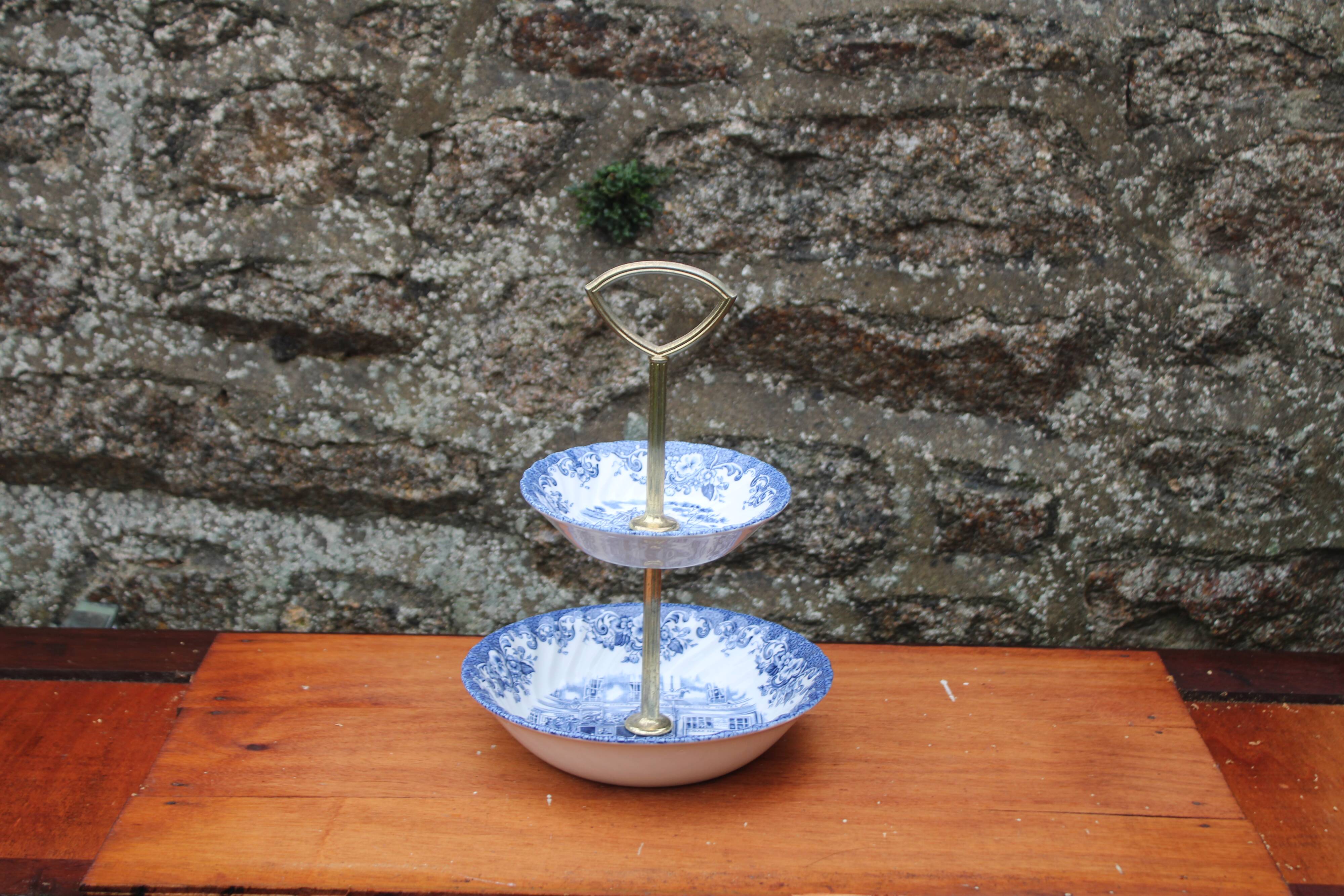 Johnson Bros. Two-Tier Serving Dish – “Coaching Scenes” – Blue English Earthenware