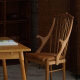 Danish high-back armchair in solid oak with leather cushion, mid-century, 1950s.
