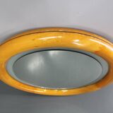 1970s Italian Round Mirror in Wooden Frame with Light