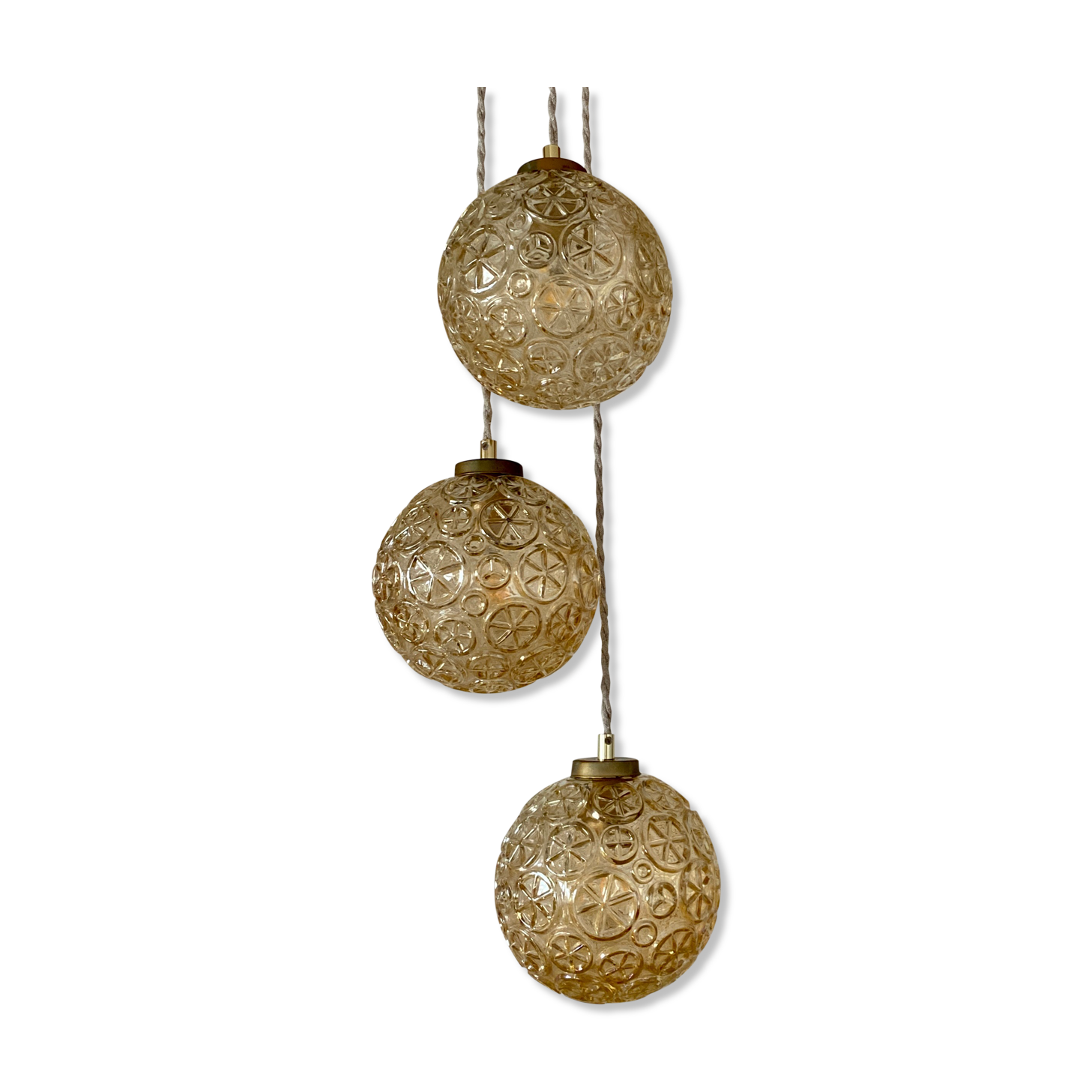 Suspension cascade three lights vintage globes in amber glass