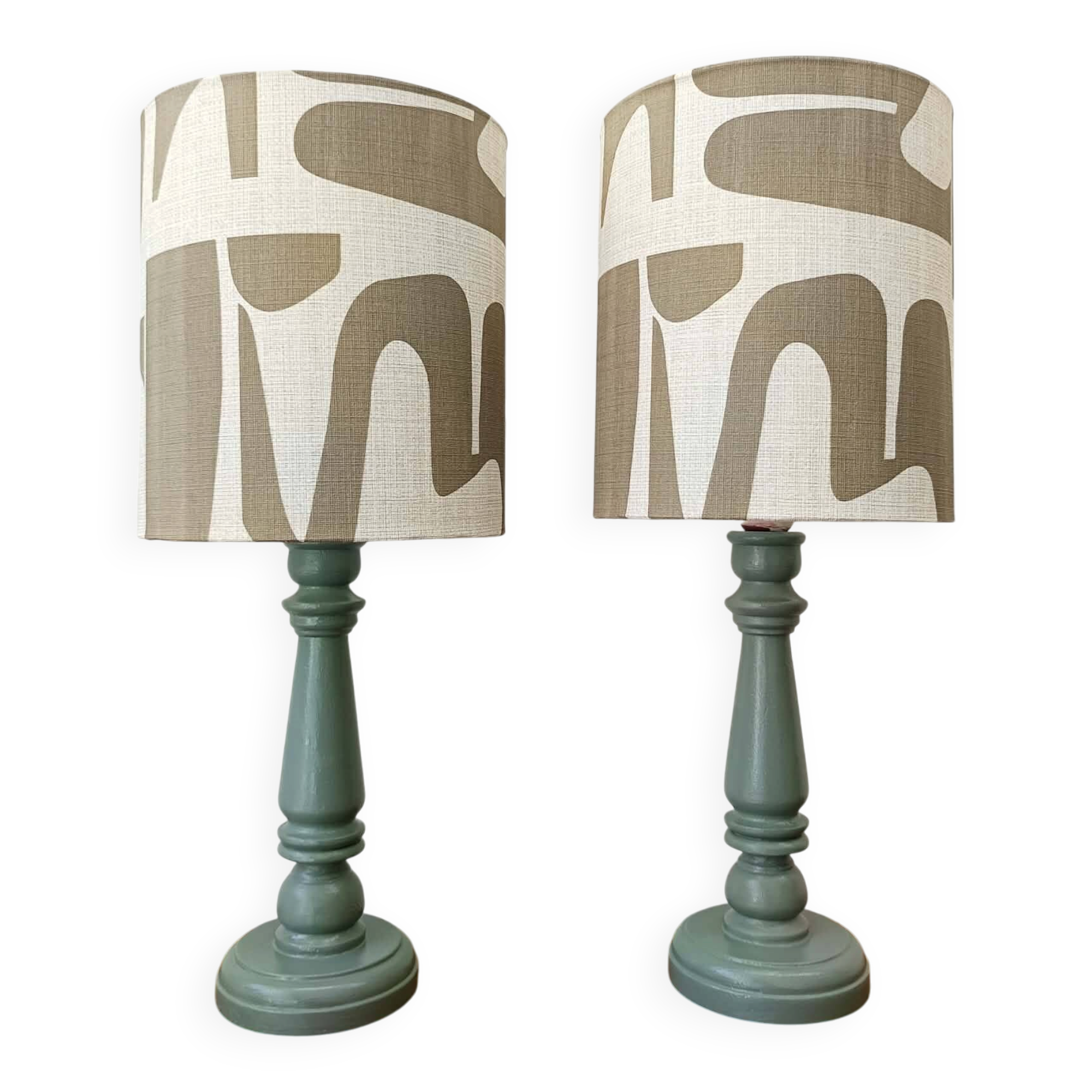 Pair of wooden lamps with custom modernist lampshades.