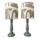 Pair of wooden lamps with custom modernist lampshades.