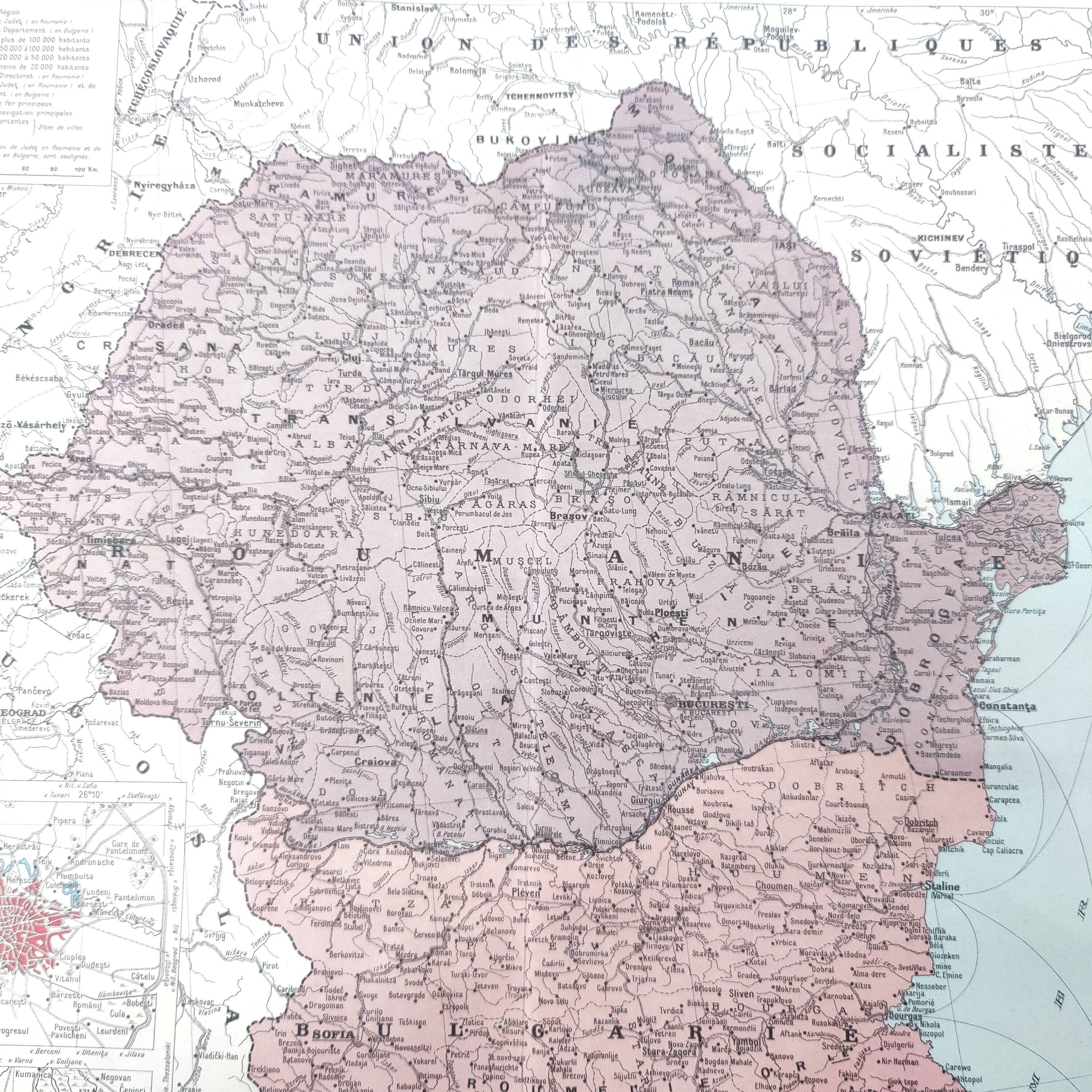 Old map Romania and Bulgaria 43x43cm from 1950