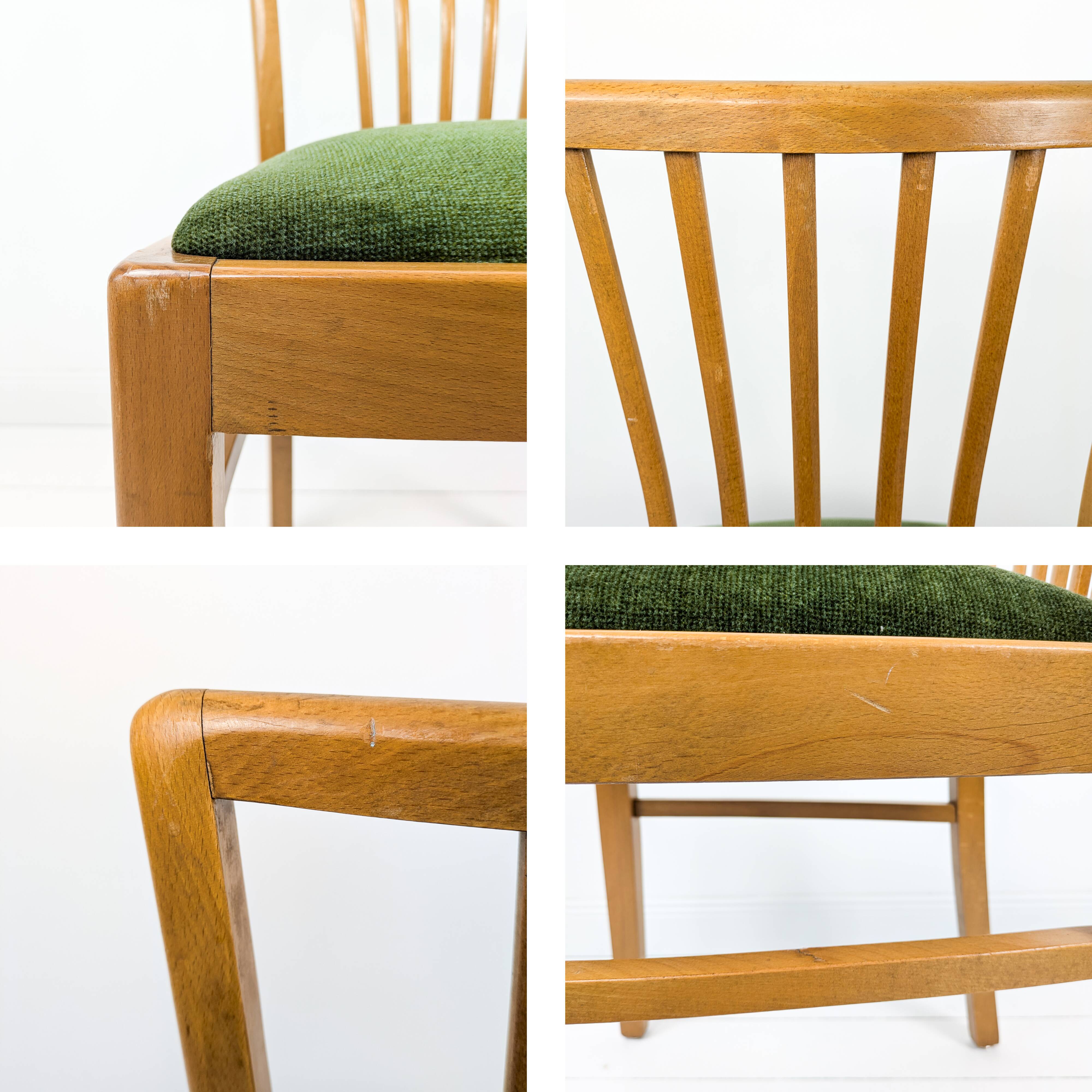 Lot de 4 chaises Mid-Century à barreaux, tissu vert foncé