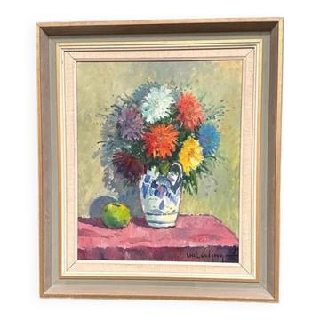 Original Swedish Oil on Canvas – “Asters in a Ceramic Vase” by Eric Lundgren – Signed – Vintage and Framed – 60 × 54 cm (23.6" × 21.3")