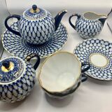 Service à thé russe en porcelaine Lomonosov en filet de Cobalt