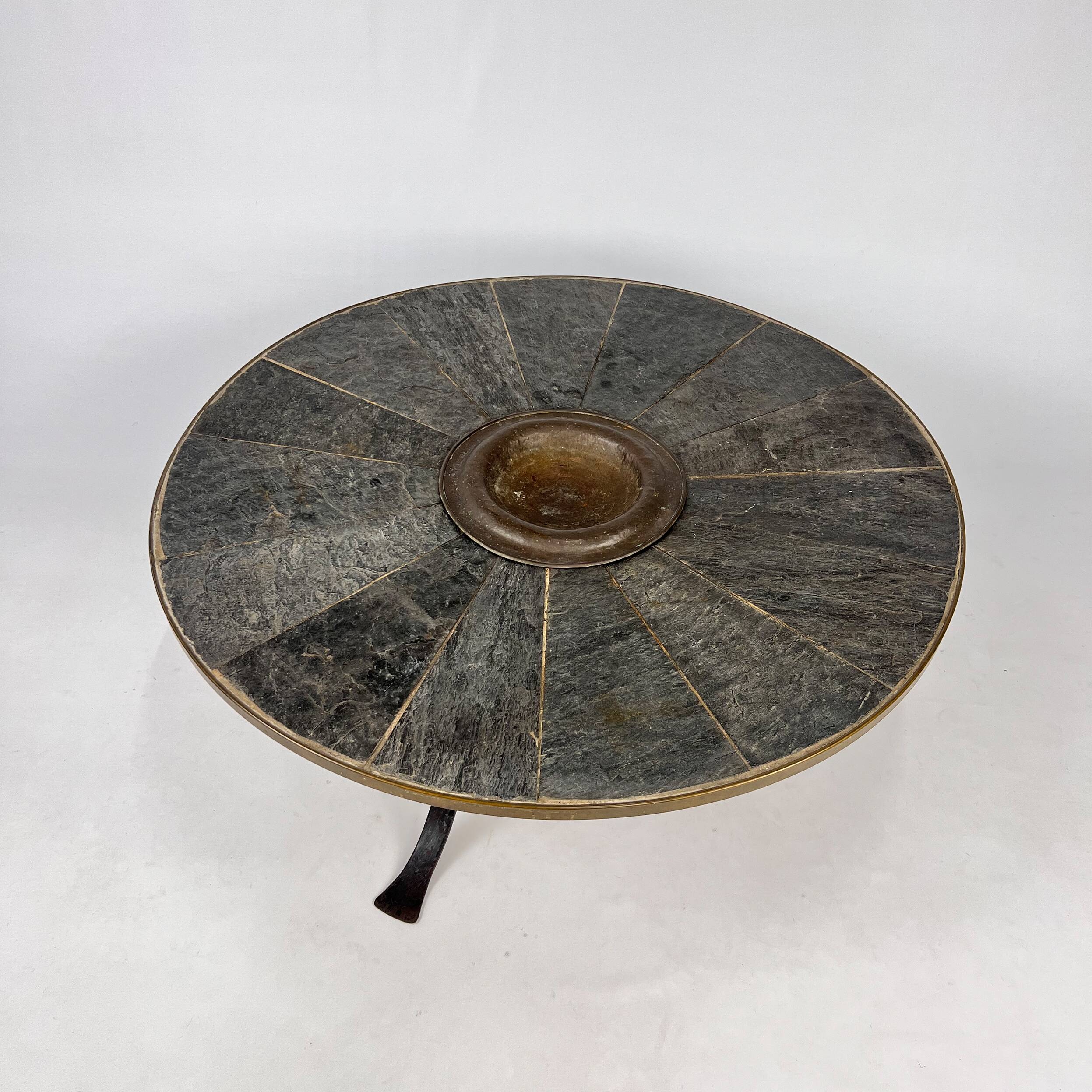 Large brutalist steel and slate coffee table, 1960s