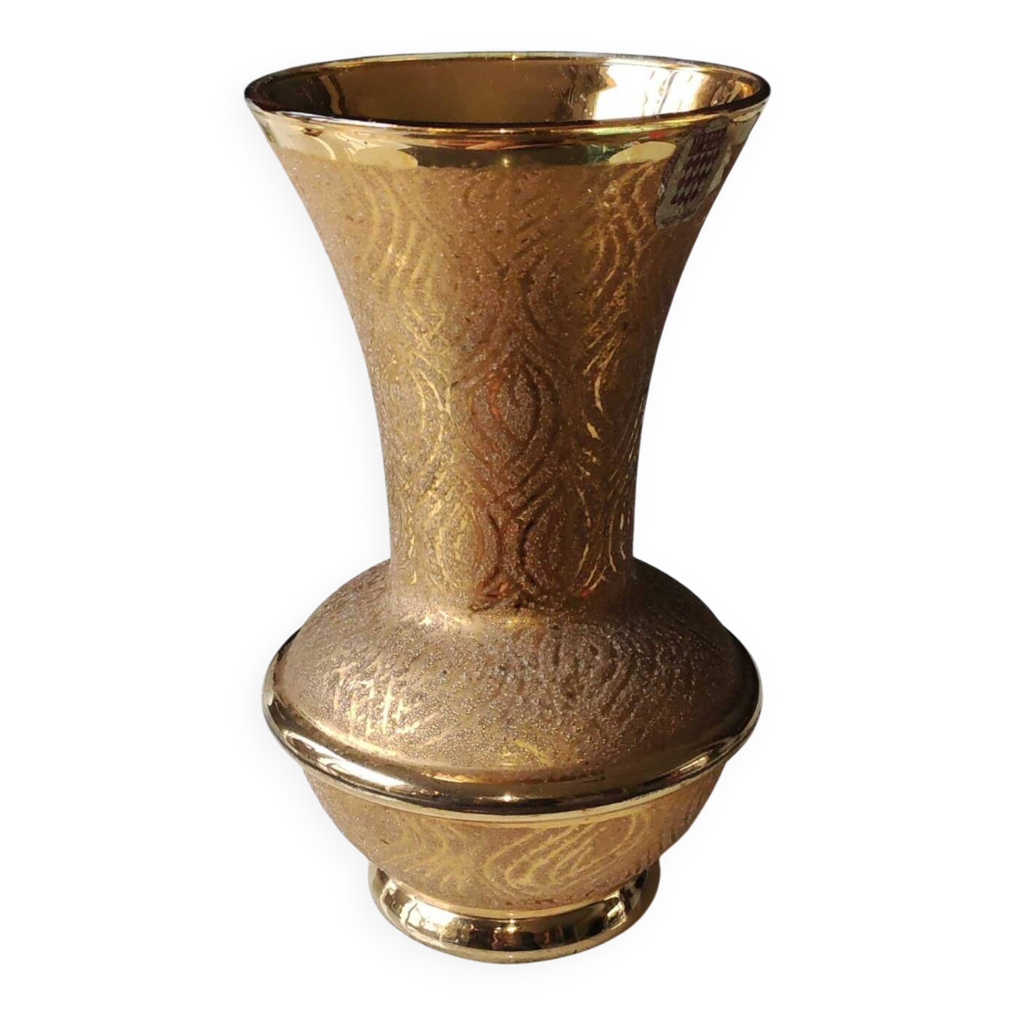 Ball vase stamped Verrerie de Monaco/Monte Carlo. In gold granite glass