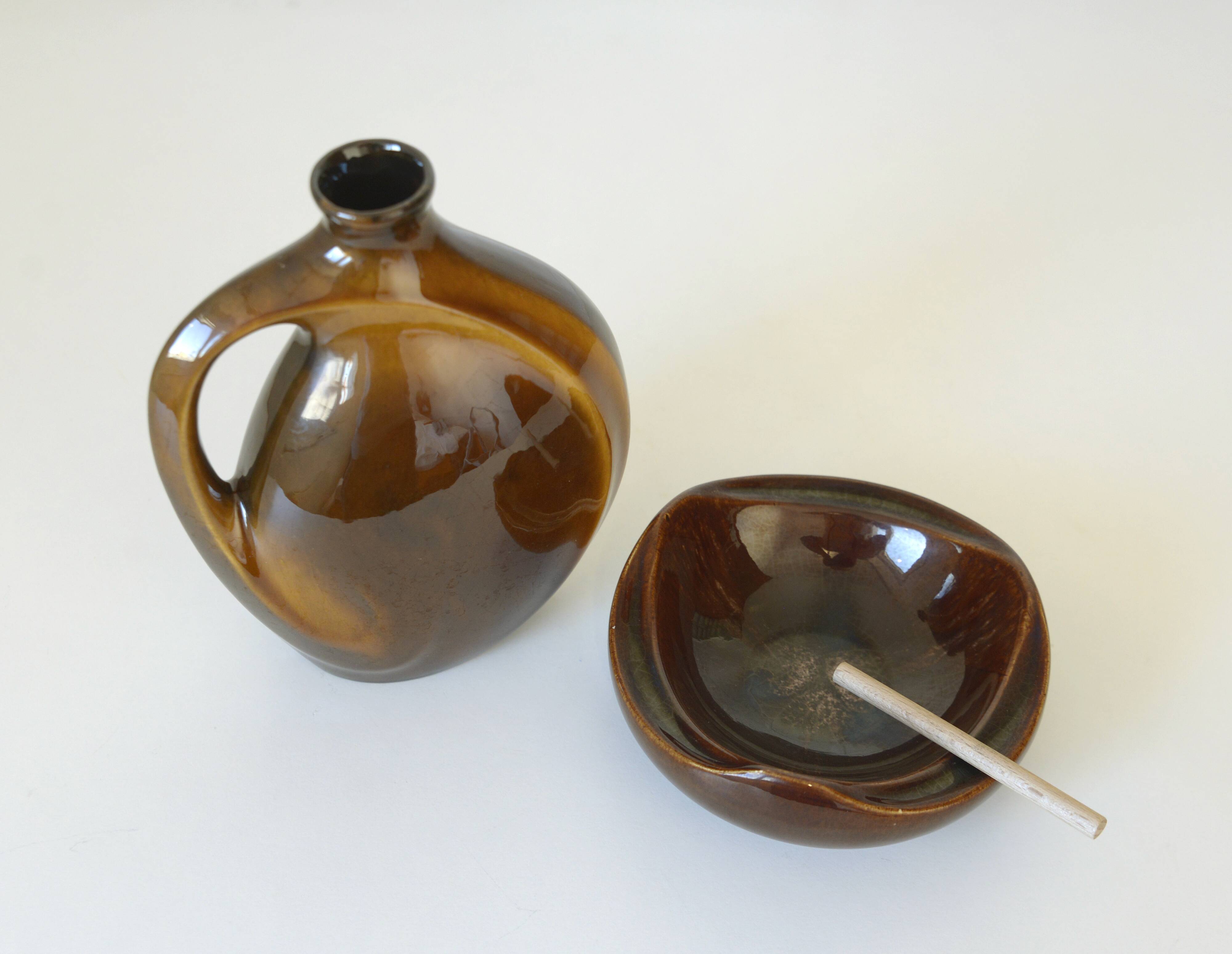 Mid Century Modern Ceramic Set: Handmade Vase & Ashtray, Yugoslavia