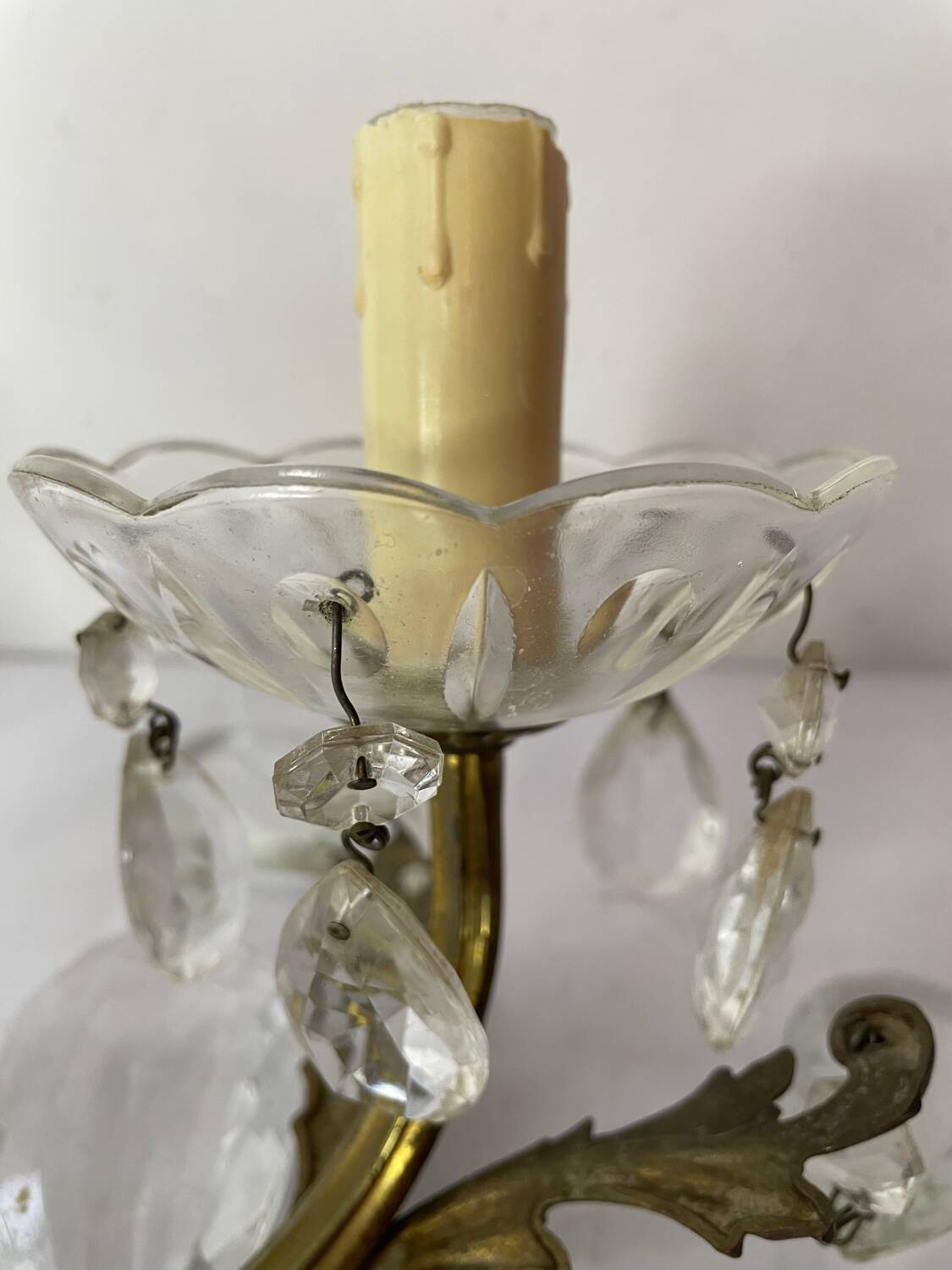 Pair of bronze and crystal wall lights