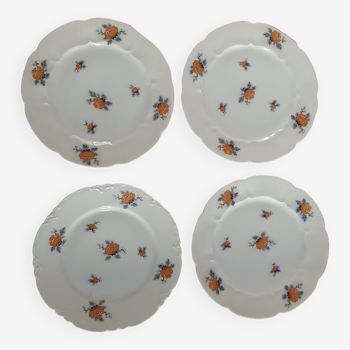 lot de  4 assiettes a dessert en porcelaine de limoges blanche a fleurs, le bord d'une est different