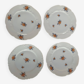 set of 4 dessert plates in white Limoges porcelain with flowers, the edge of one is different