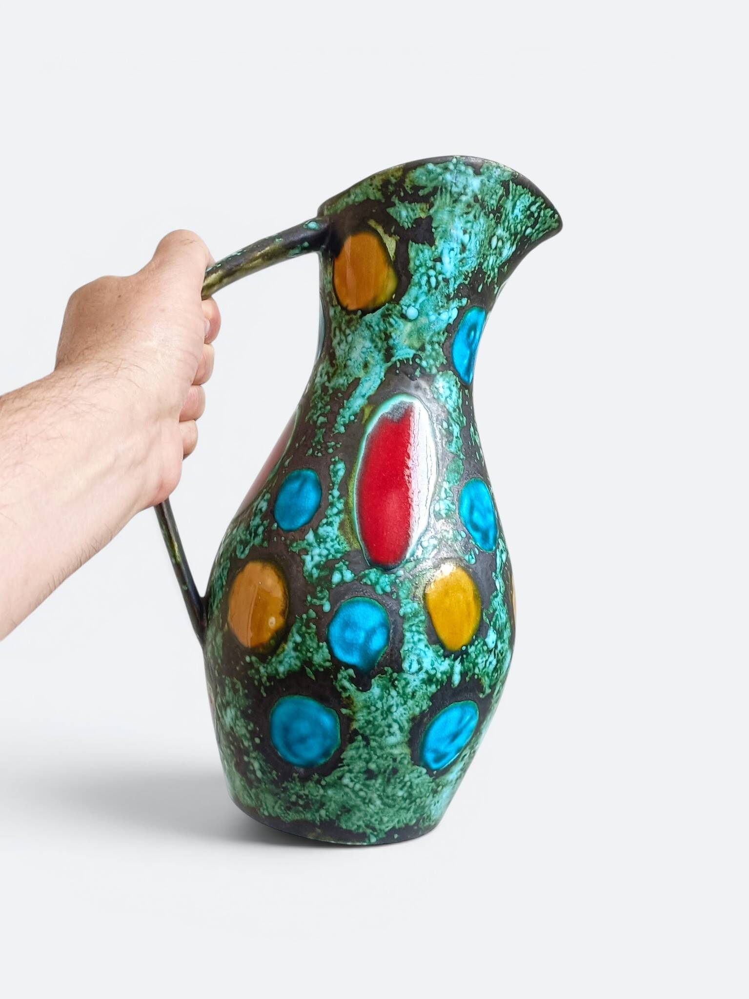 French Mid-Century Studio Pottery Pitcher/ Vase, Hand-Decorated, C. 1960