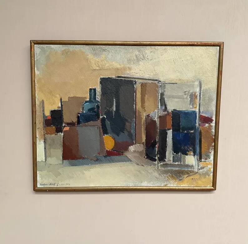 Large original Swedish oil on canvas - 'Blue Bottle and Books' by Gustav Adolf Johansson - 1962 - vintage and framed