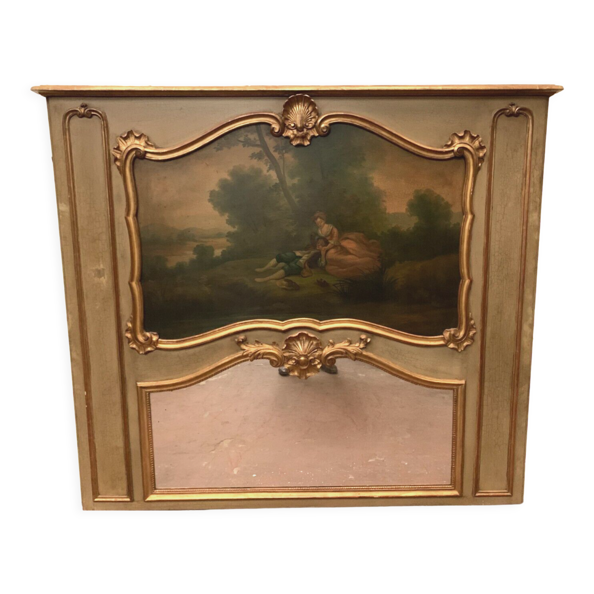 Louis XV style trumeau in patinated and gilded wood XX century