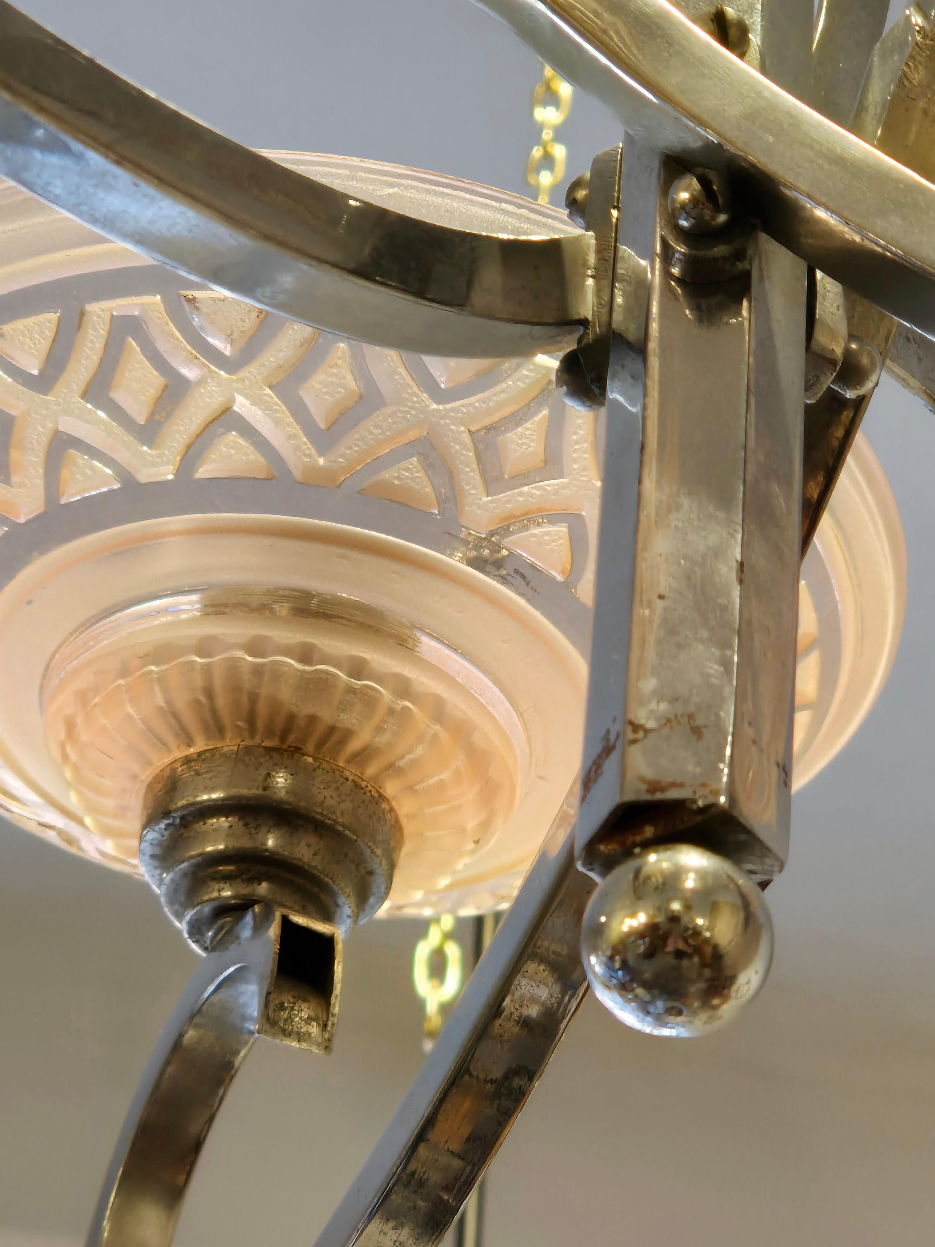 French chandelier, with pink glass shades, Art Deco