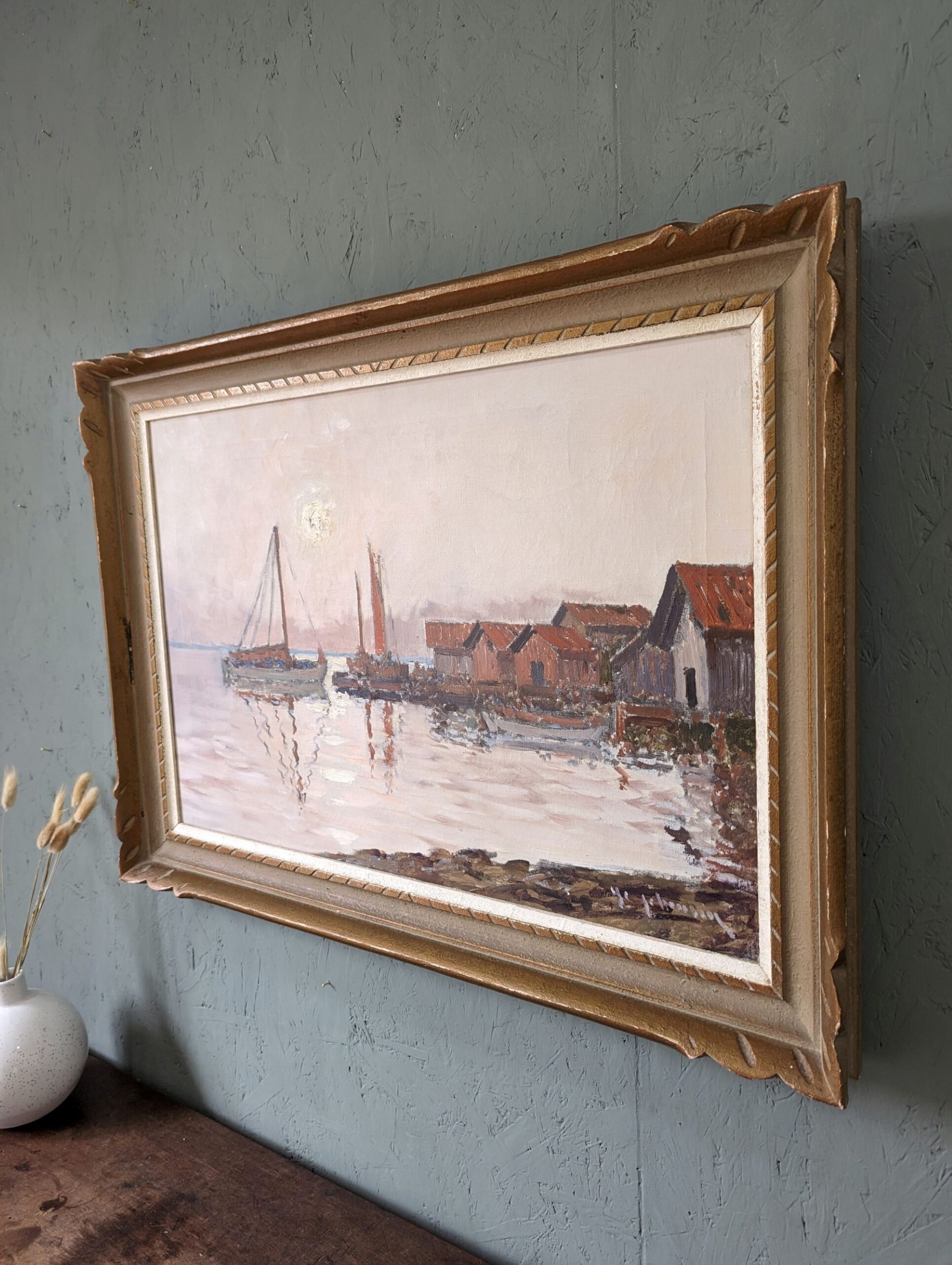 Mid-Century Modern Swedish "Coastal Sunset" Vintage Seascape Oil Painting, Framed