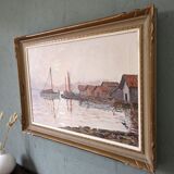 Mid-Century Modern Swedish "Coastal Sunset" Vintage Seascape Oil Painting, Framed