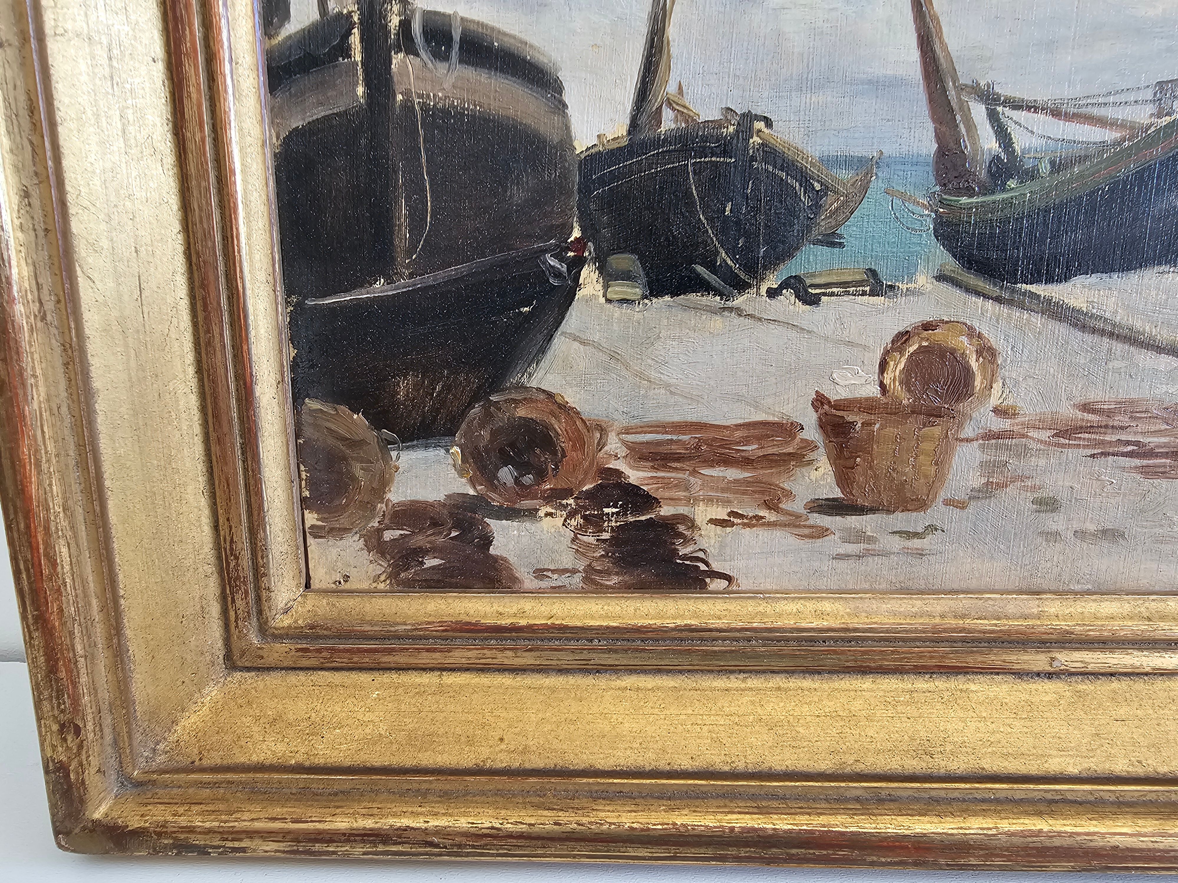 Oil on Panel - Marine Boats on Beach signed (to be identified)