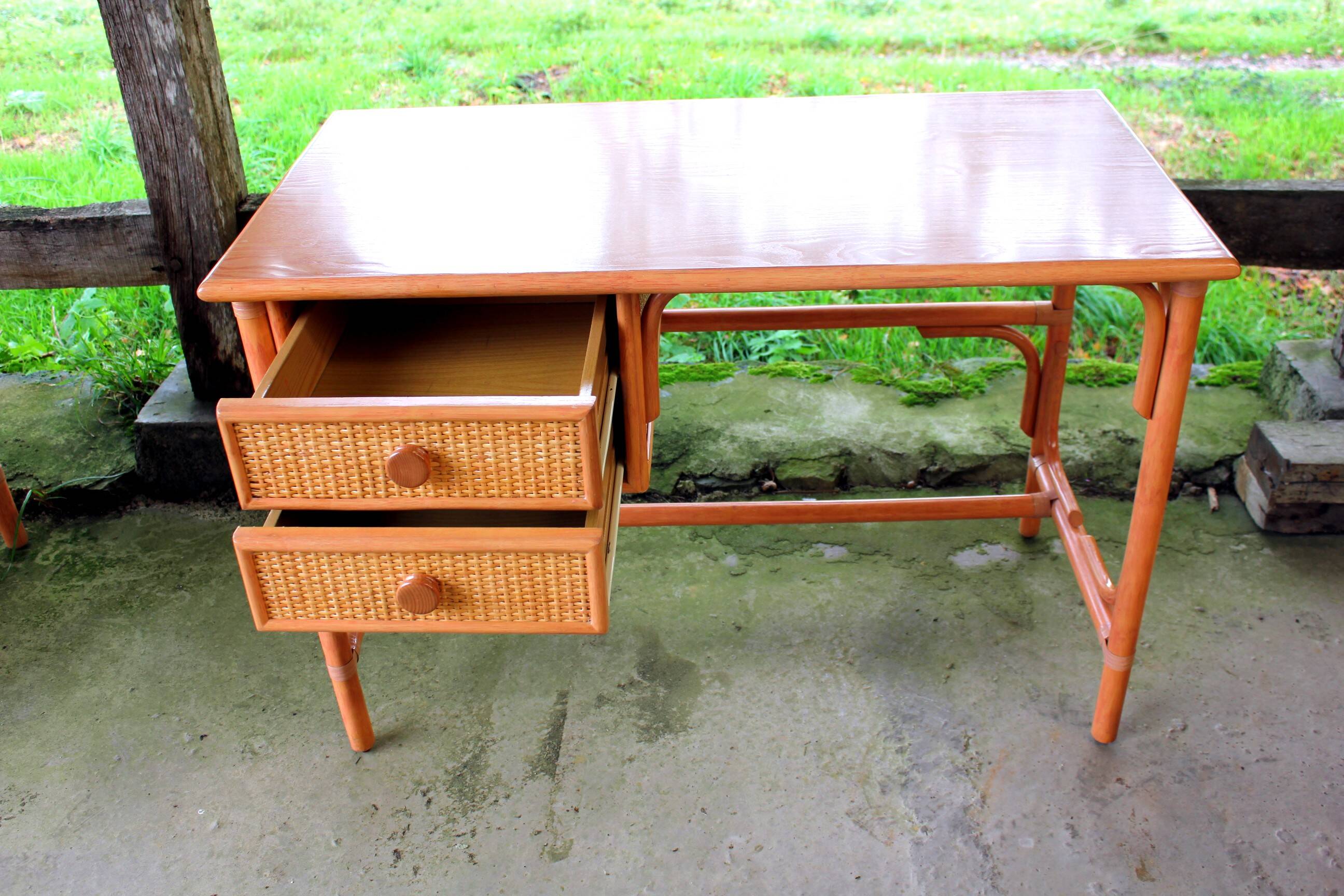 Rattan and beech desk and chair