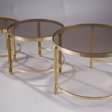 Set of three nesting coffee tables in bronze and smoked glass, 70s