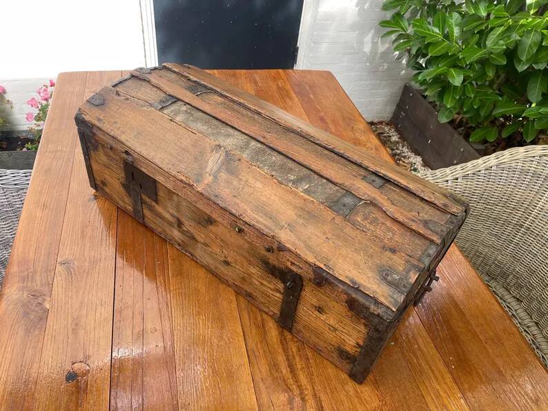 Antique French Wood Iron and Hide Handmade Wood Chest or Trunk