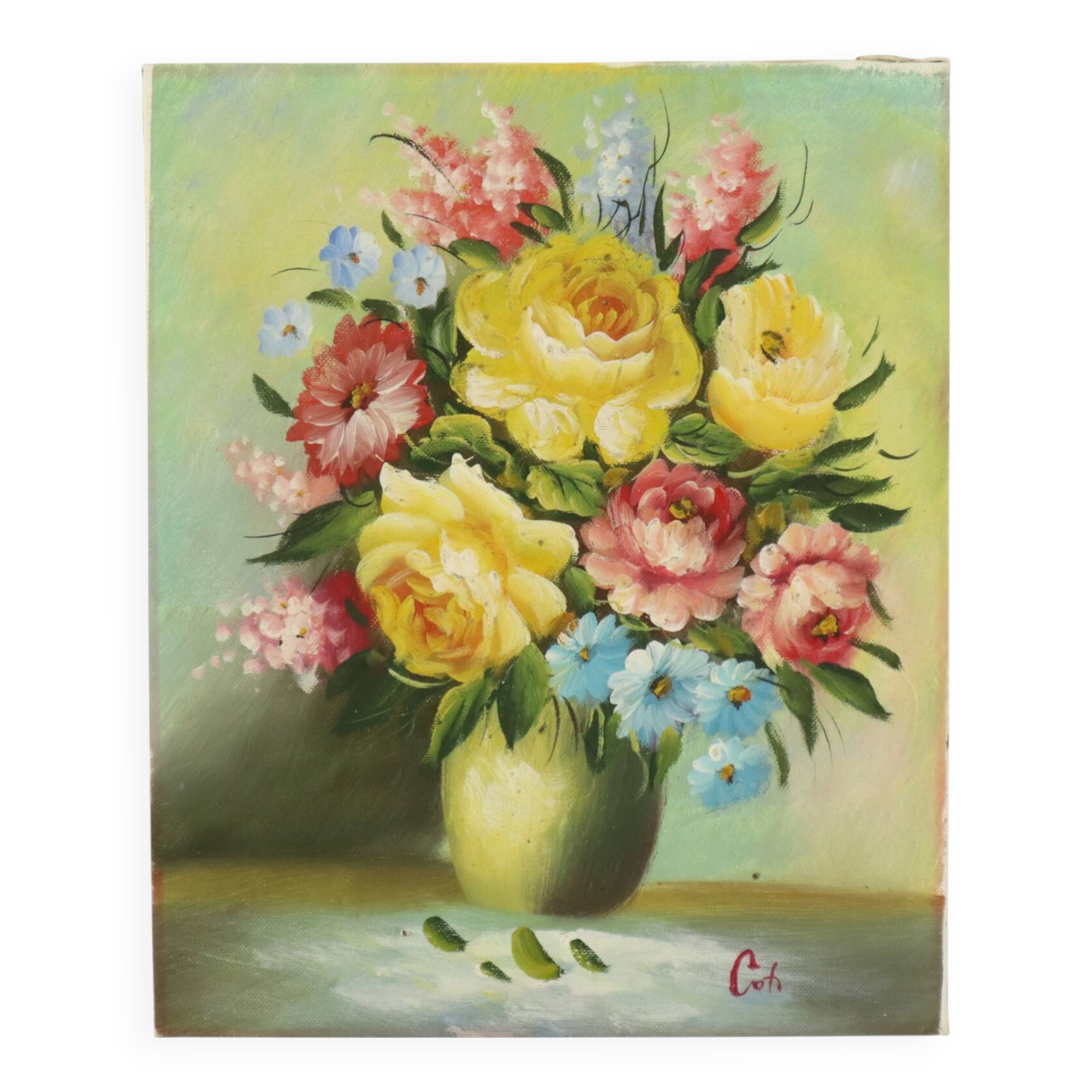 Flowers in Vase Still Life Painting Amateur Signed 27cm