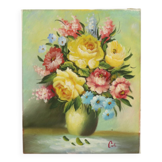 Fleurs dans un vase Nature morte Peinture amateur Signée 27 cm